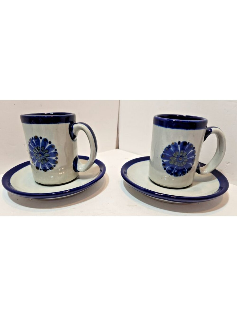 Vtg Ken Edwards Guadalajara Blue El Palomar Coffee Cups & Saucers Set 2 Signed
